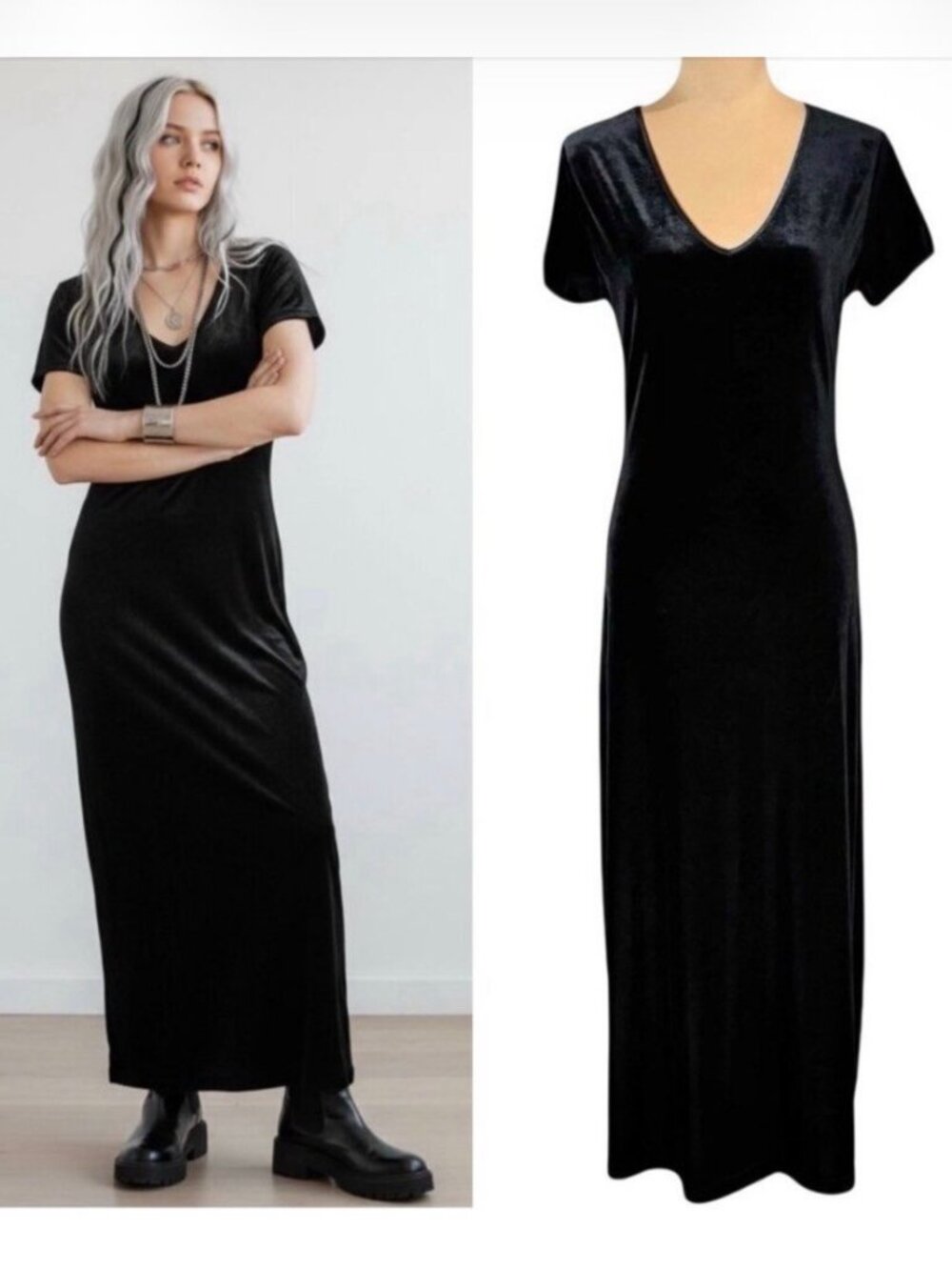 Vintage Express Tricot Black Velvet Maxi Dress Whimsygoth 1990s Grunge Retro, M